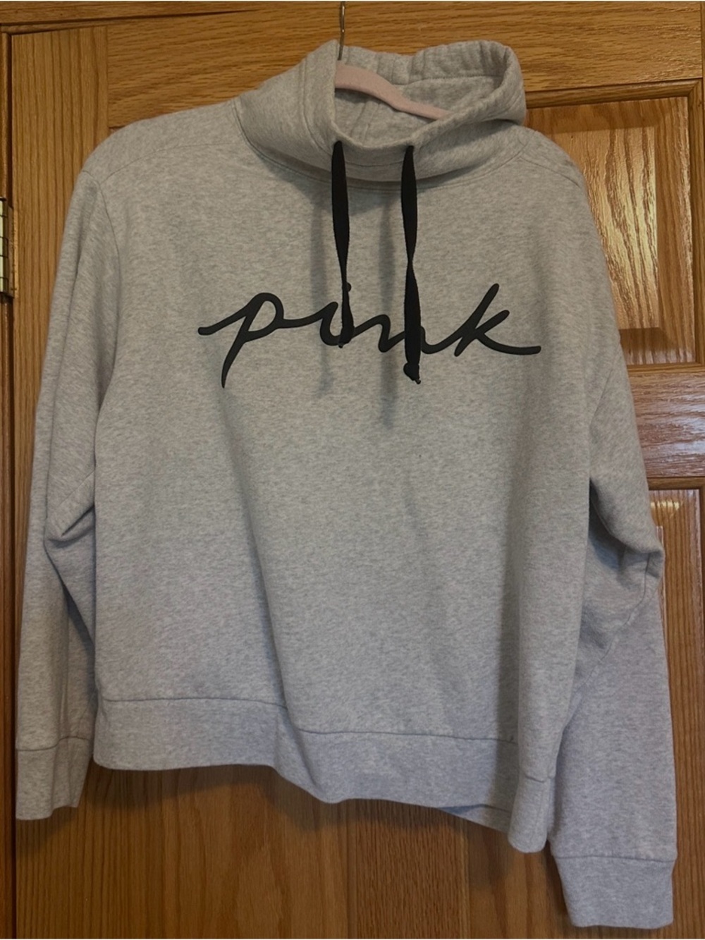 PINK Victoria's Secret Light Gray Funnel Neck Pullover with Black Script Medium